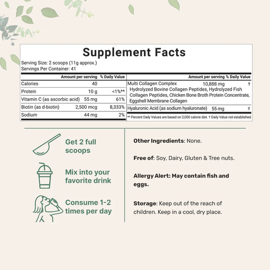 Multi Collagen Peptides – 5 Tipos de Colágeno con Biotina, Vitamina C y Ácido Hialurónico | Piel, Cabello y Articulaciones